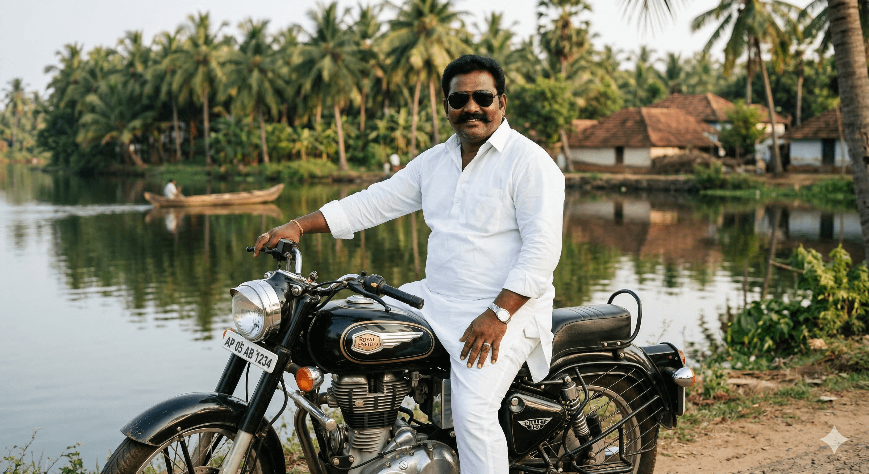 सफेद कुर्ते और चश्मे में एक व्यक्ति नदी किनारे रॉयल एनफील्ड मोटरसाइकिल पर बैठा है।
