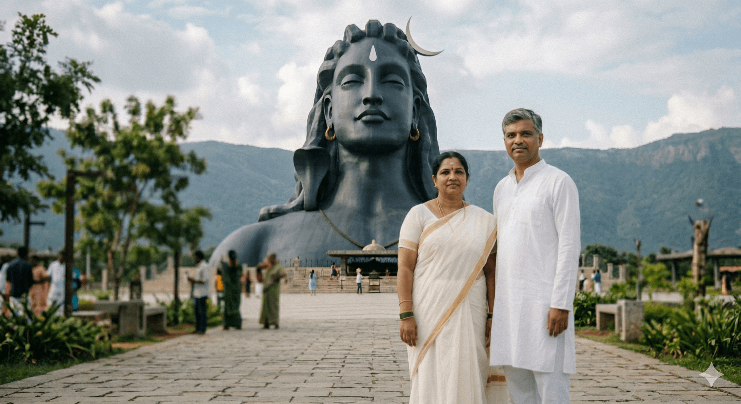 विशाल काली आदियोगी शिव प्रतिमा के सामने सफेद पारंपरिक वस्त्र पहने एक भारतीय दंपत्ति।