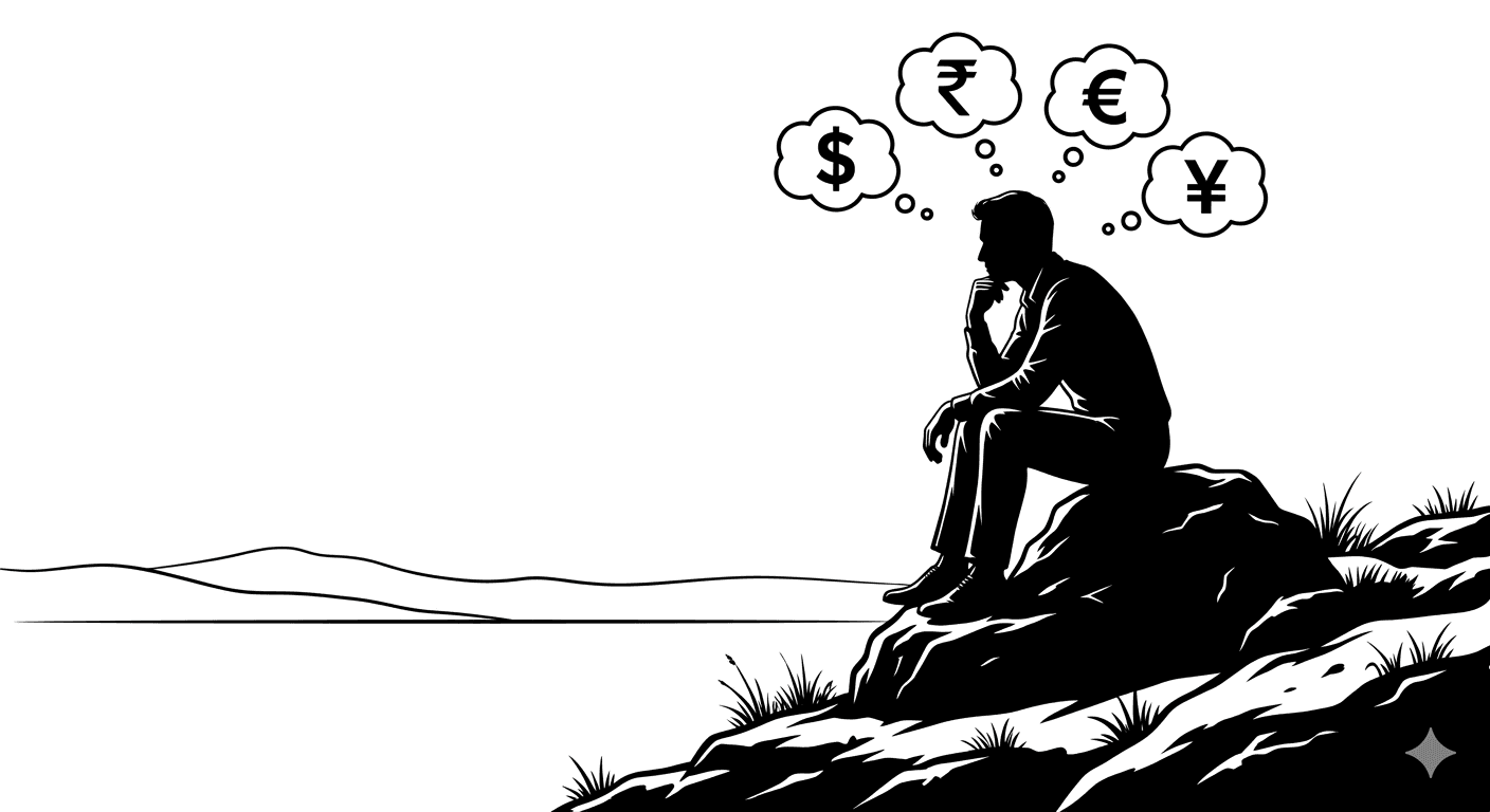 चट्टान पर बैठा एक व्यक्ति विभिन्न वैश्विक मुद्राओं के बारे में विचार कर रहा है।