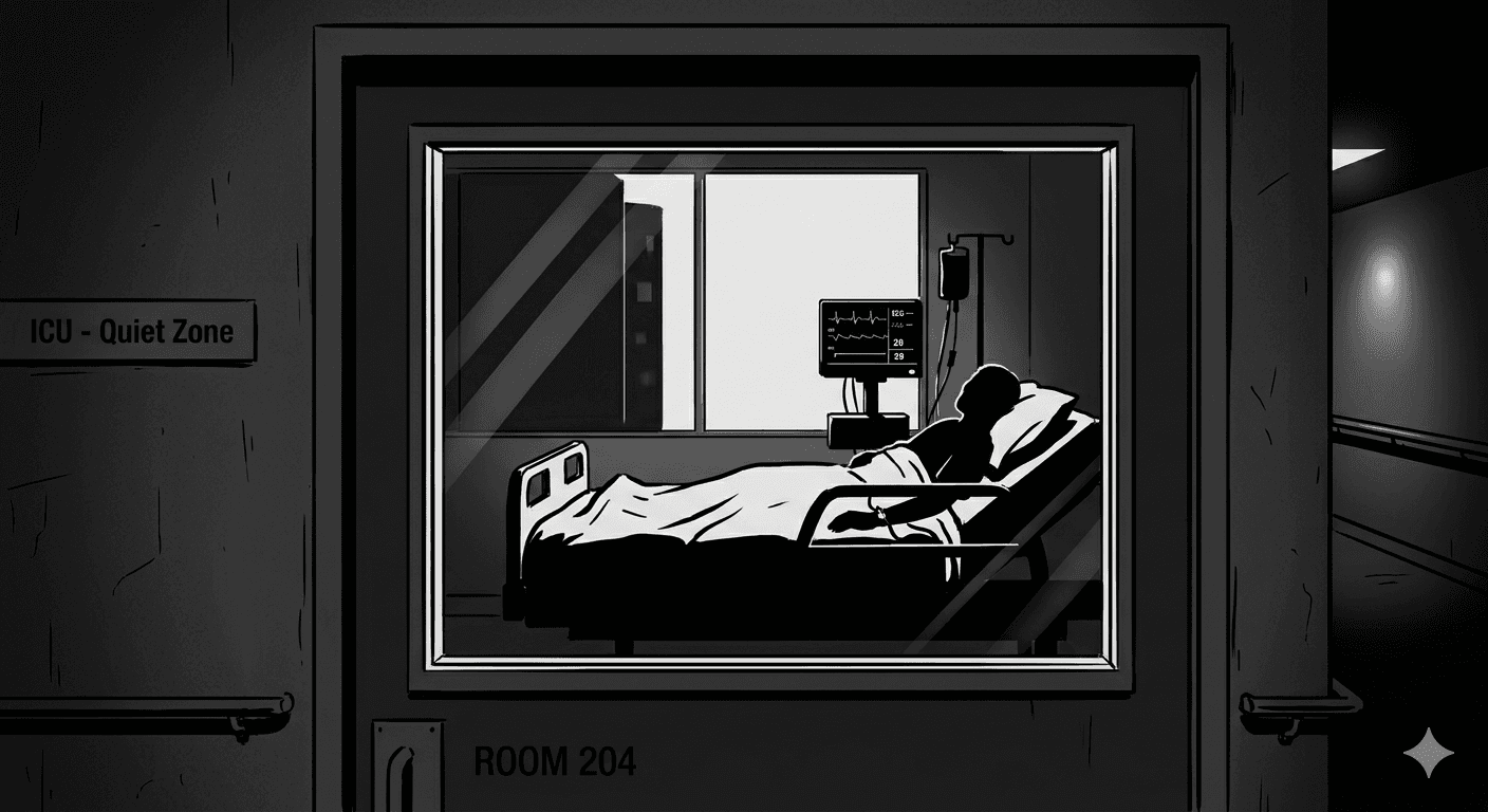 अस्पताल के आईसीयू बेड पर लेटा मरीज, दरवाजे की खिड़की से चिकित्सा उपकरणों के साथ।