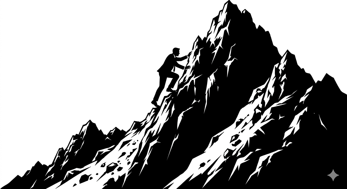 सूट पहने हुए व्यवसायी का सिल्हूट एक खड़ी और पथरीली पर्वत चोटी पर चढ़ता हुआ।