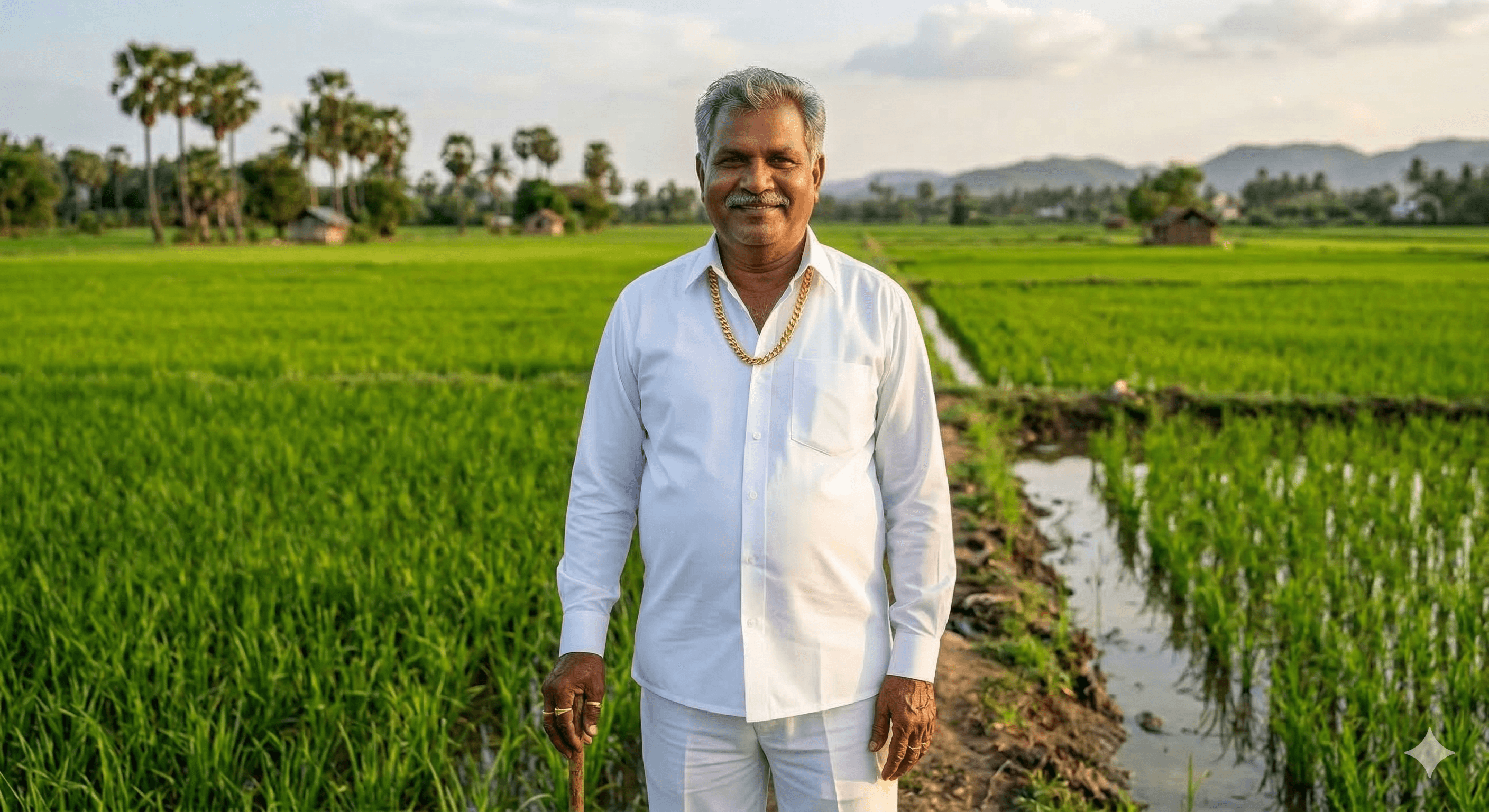 हरे-भरे धान के खेत में सफेद शर्ट और सोने की चेन पहने मुस्कुराता हुआ भारतीय किसान।