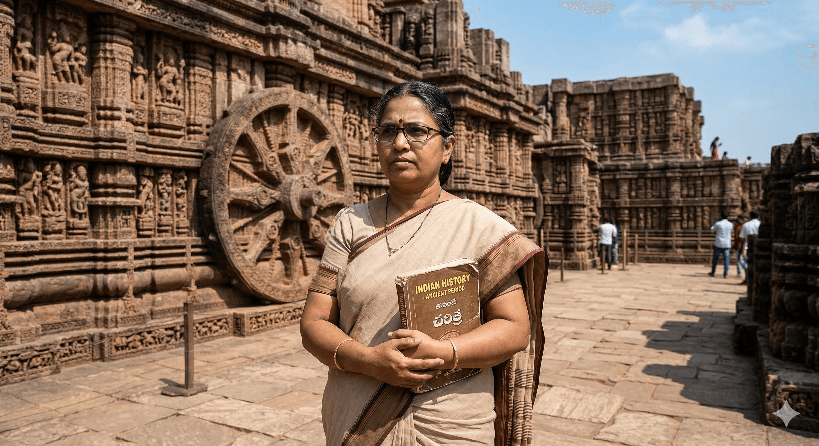 कोणार्क सूर्य मंदिर के नक्काशीदार पहिये के सामने इतिहास की किताब पकड़े साड़ी पहने एक महिला।