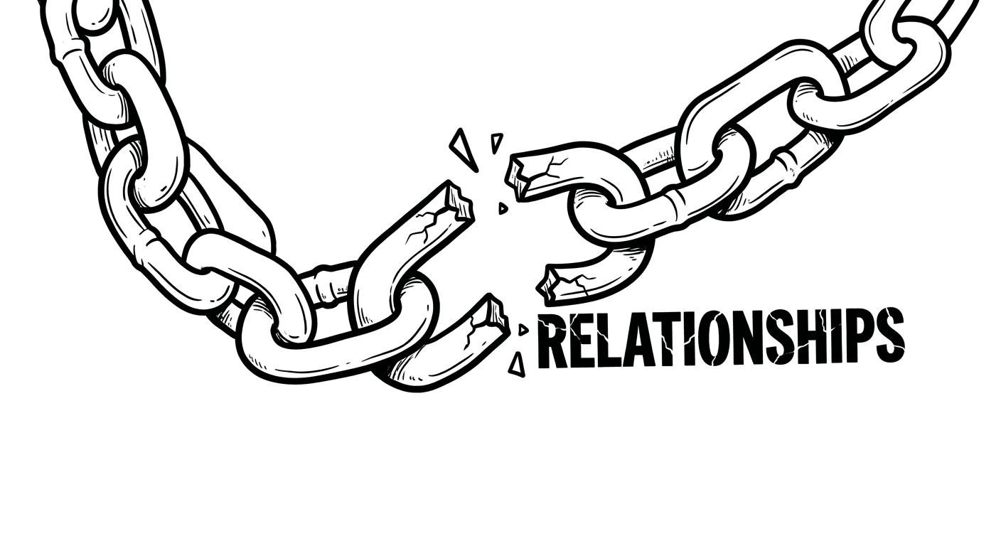 बीच से टूटती हुई जंजीर का चित्र और उसके बगल में लिखा शब्द 'रिश्ते'।