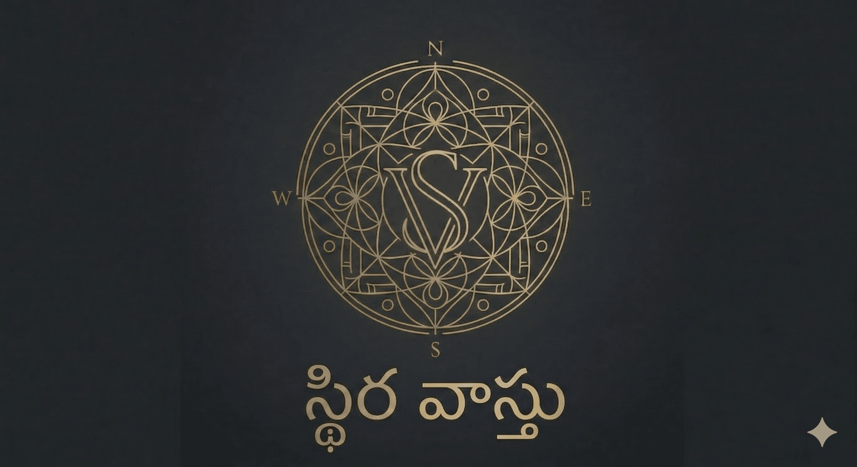 गहरी पृष्ठभूमि पर सुनहरा जटिल मंडला लोगो, जिसमें दिशाएं और तेलुगु पाठ है।