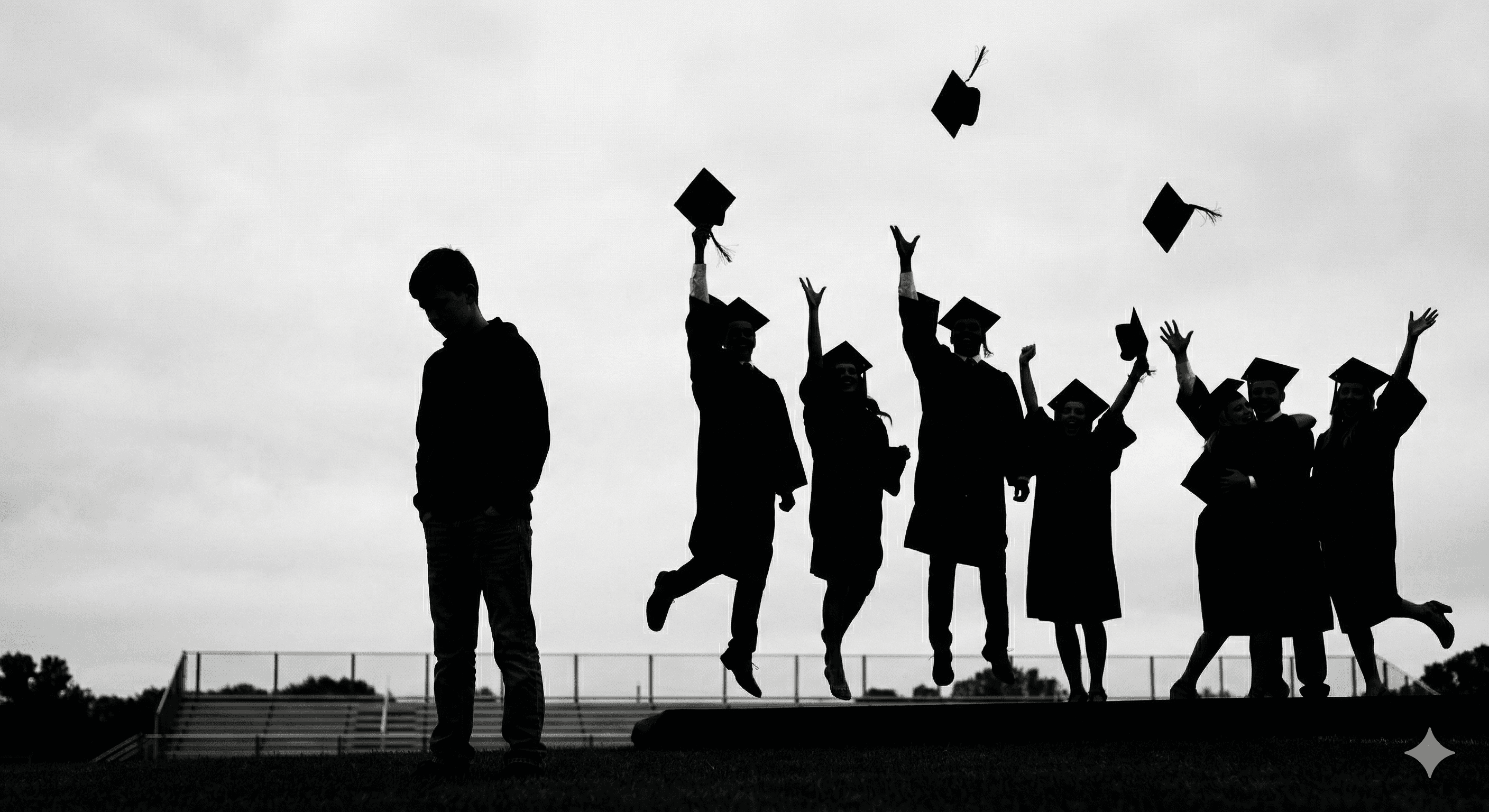 अकेला उदास लड़का और पीछे खुशी से अपनी टोपियां उछालते हुए स्नातक छात्रों का समूह।