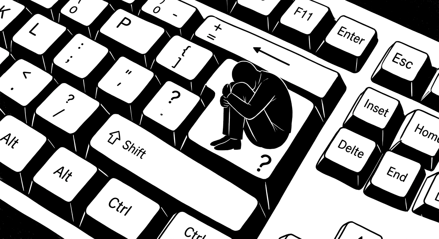 कीबोर्ड की एक की पर सिमटकर बैठा हुआ एक अकेला और उदास व्यक्ति।